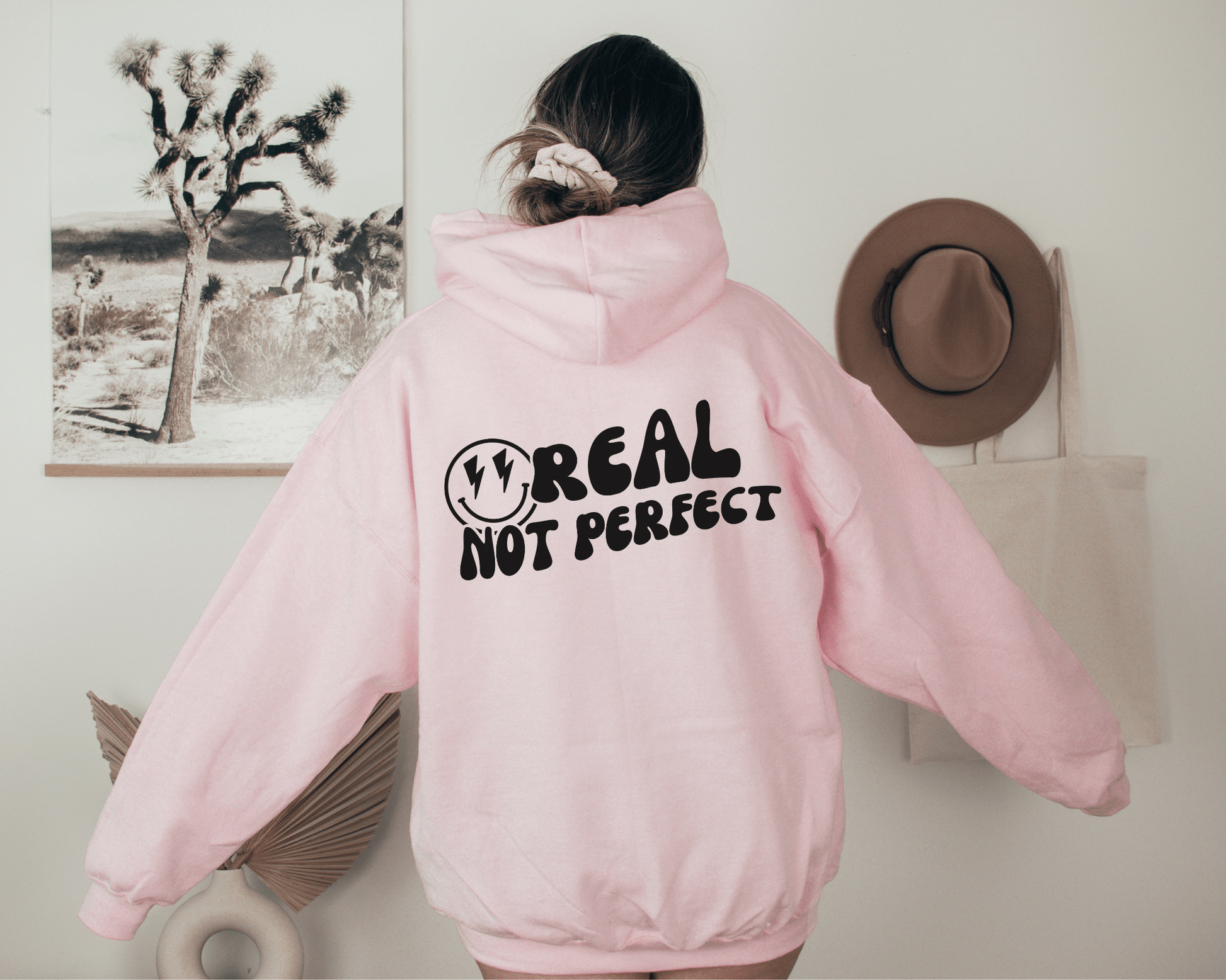 Real Not Perfect Hoodie in Pink, back of hoodie.