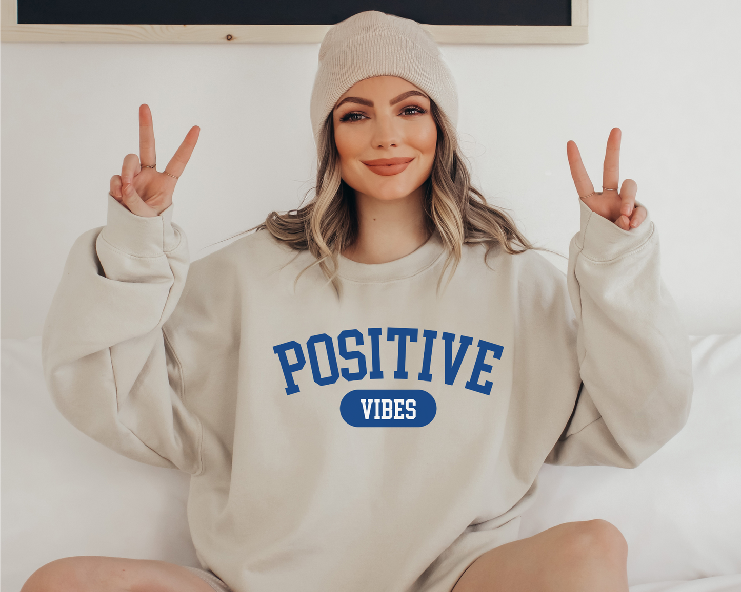 Positive Vibes Varsity Sweatshirt in Sand