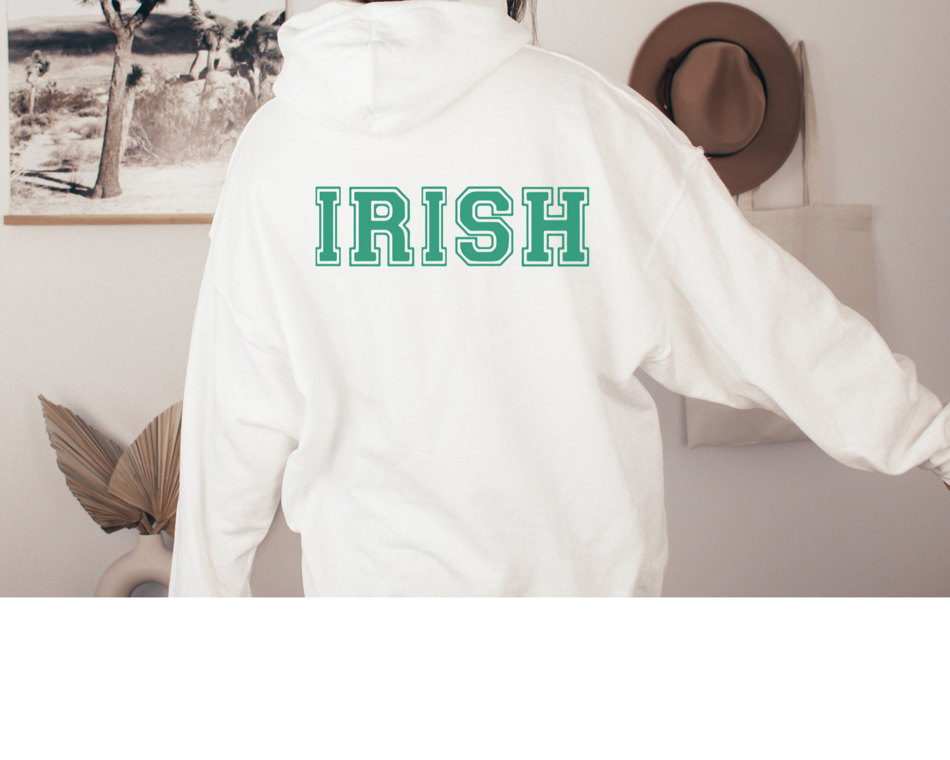 Irish Hoodie with Shamrocks in White, back of hoodie.