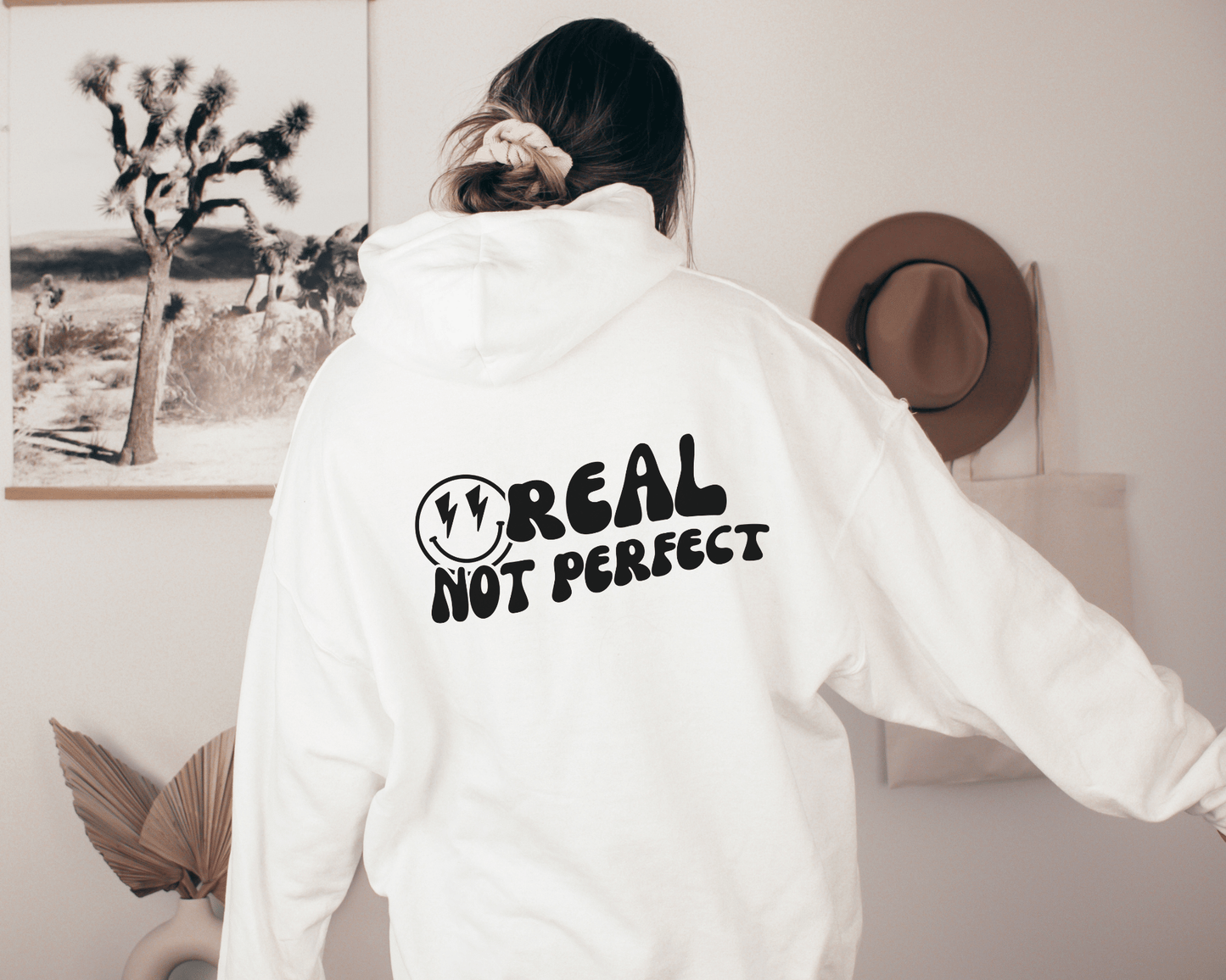 Real Not Perfect Hoodie in White, back of hoodie.