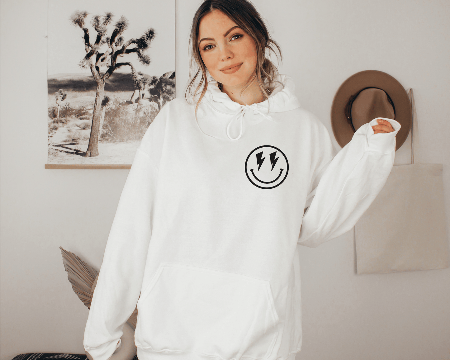 Don't Trip Over What's Behind You Hoodie in White, front of hoodie. 